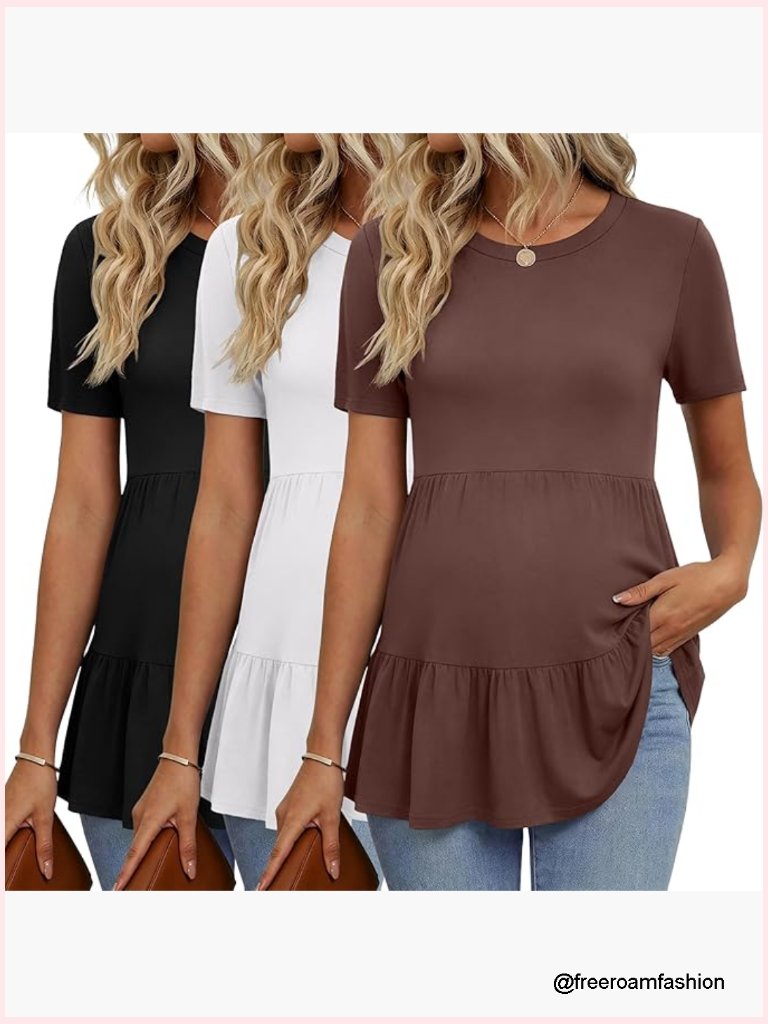 Maternity Short Sleeve Ruffle Blouse Peplum Babydoll Top 3 Pack